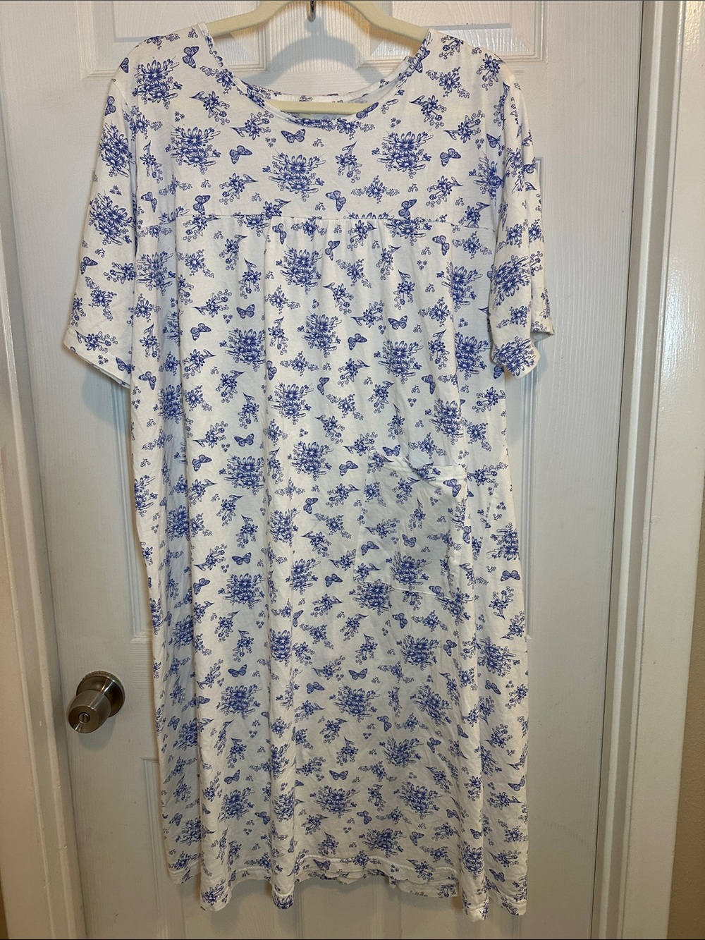 Women's Blue Floral Short-Sleeve Cotton Hospital or Postpartum Medical Nightgown